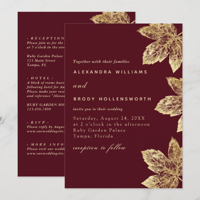 Red And Gold Rustic Foil Leaf All In One Wedding  Invitation (Front/Back)