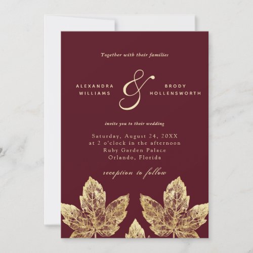 Red and Gold Rustic Gold Foil Leaves Wedding  Invitation