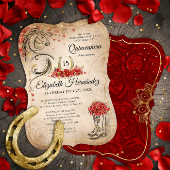 Red And Gold Rustic Ranchera Mexican Quinceanera Invitation by Raphaela_Wilson at Zazzle