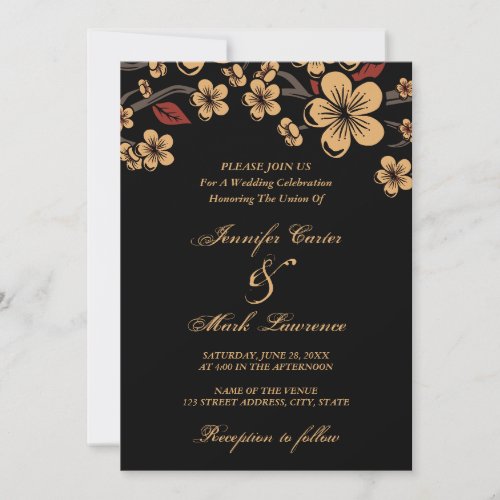 Red and Gold Sakura Cherry Blossom Wedding Invitation