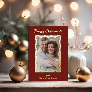 Red and Gold Scalloped Wavy Lines Frame Photo Foil Holiday Card