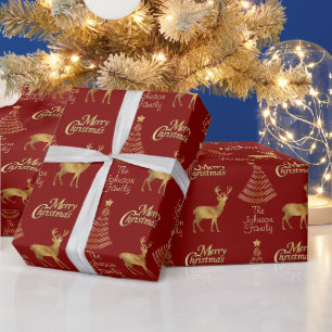 Red and Gold Scribble Christmas Tree / Deer Wrapping Paper