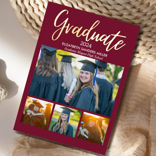 Red and Gold Script photos collage for graduated Foil Invitation