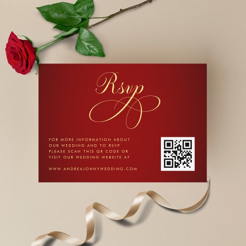 Red and Gold Script QR Code RSVP Wedding Details Enclosure Card