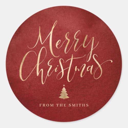 Red and Gold Simple Calligraphy Merry Christmas Classic Round Sticker