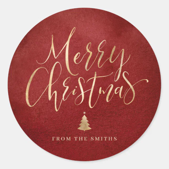 Red And Gold Simple Calligraphy Merry Christmas Classic Round Sticker Zazzle 1859