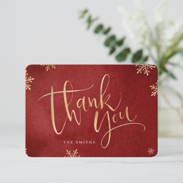 red and gold simple modern Calligraphy christmas Thank You Card (Standing Front)