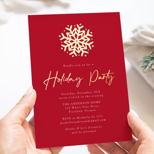 Red and Gold Simple Snowflake Holiday Party Foil Invitation