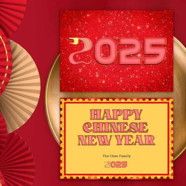 Red and Gold Snake 2025 Chinese New Year Holiday Card (Front / Back)