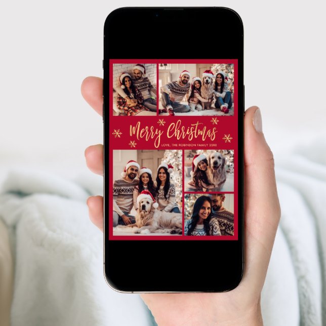 Red and Gold Snowflake 6 Photo Collage Christmas  Holiday Card (Front Digital)