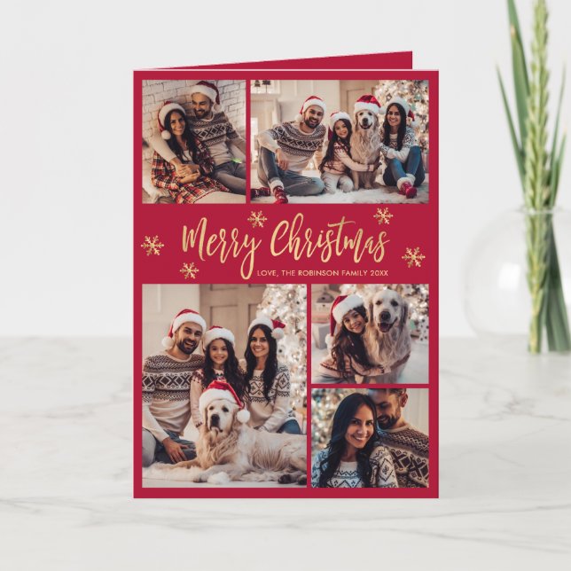 Red and Gold Snowflake 6 Photo Collage Christmas  Holiday Card (Front)