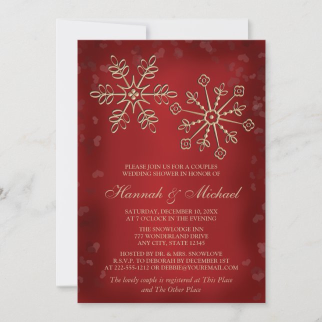 RED AND GOLD SNOWFLAKE COUPLES WEDDING SHOWER INVITATION (Front)