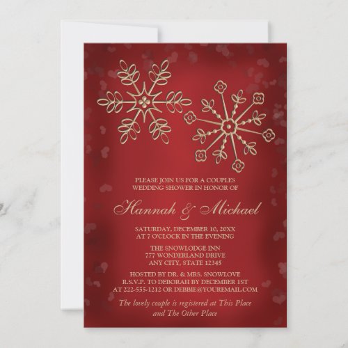 RED AND GOLD SNOWFLAKE COUPLES WEDDING SHOWER INVITATION