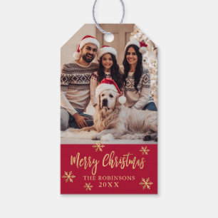 Red and Gold Snowflake Family Photo Christmas Gift Tags