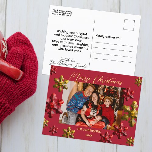 Red and Gold Snowflakes Family Photo Christmas Holiday Postcard