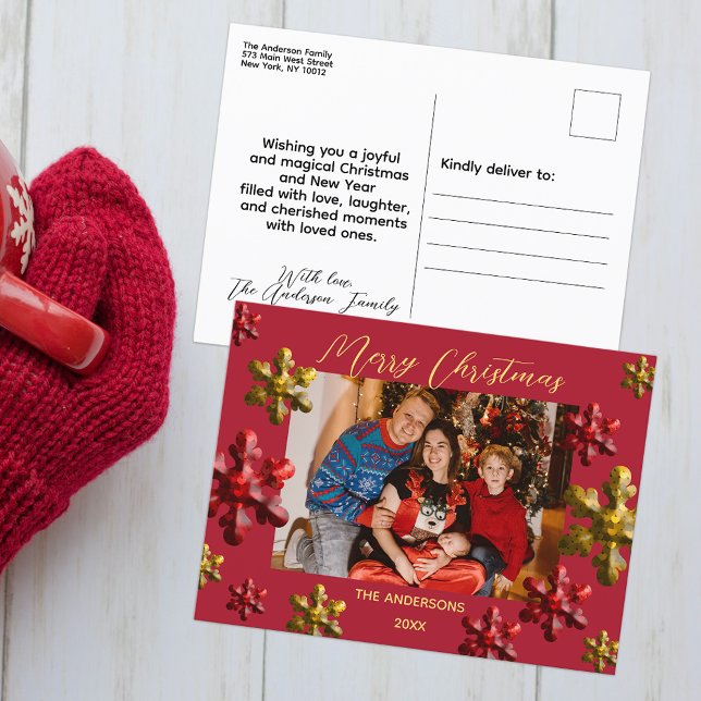 Red and Gold Snowflakes Family Photo Christmas Holiday Postcard (Creator Uploaded)