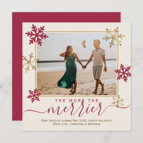 Red and Gold Snowflakes Photo Christmas Pregnancy  Announcement