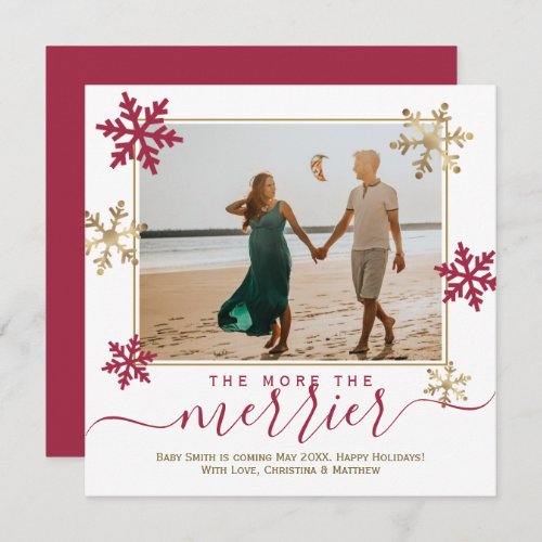 Red and Gold Snowflakes Photo Christmas Pregnancy  Announcement