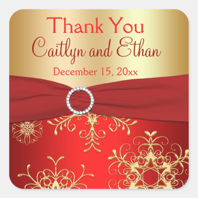 Red and Gold Snowflakes Wedding Favor Sticker (Front)