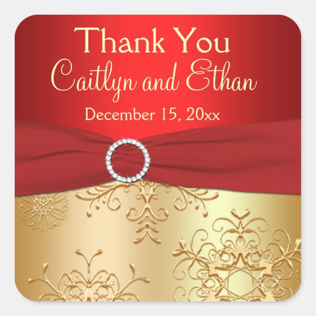Red and Gold Snowflakes Wedding Favor Sticker (Front)