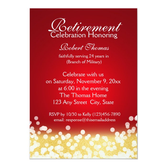 Red and Gold Sparkle Lights Retirement Party Card | Zazzle