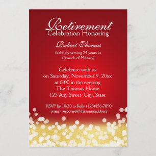 Red and Gold Sparkle Lights Retirement Party Invitation