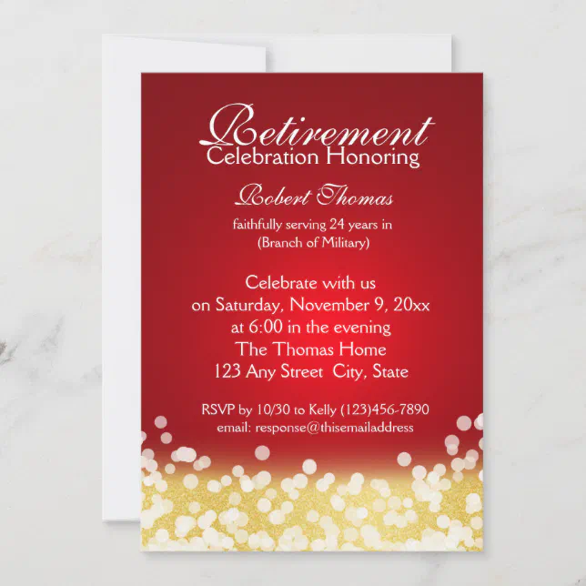 Red And Gold Sparkle Lights Retirement Party Invitation 