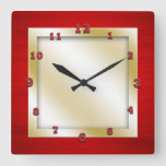 Red And Gold Square Square Wall Clock at Zazzle