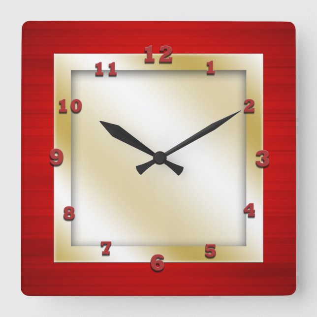 Red and Gold Square Wall Clock (Front)
