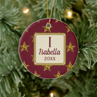 Red and Gold Star Monogram Initial Christmas Ceramic Ornament