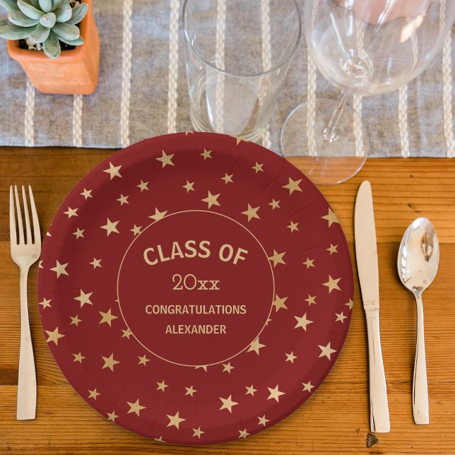 Red and Gold Stars graduation party Paper Plates (Creator Uploaded)