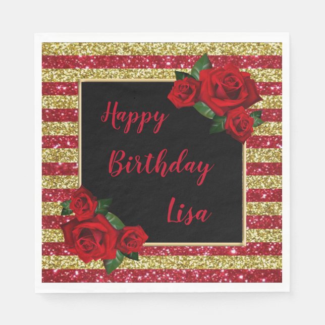 Red And Gold Stripes Glitter Red Roses Birthday Napkins (Front)