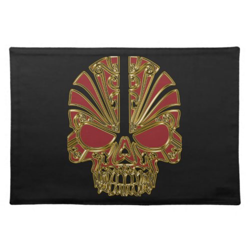 Red and gold sugar skull cranium cloth placemat