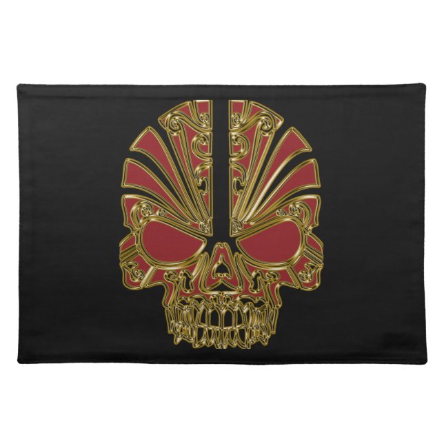 Red and gold sugar skull cranium cloth placemat (Front)