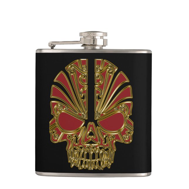 Red and gold sugar skull cranium hip flask (Front)