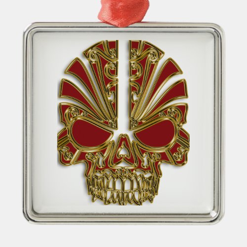 Red and gold sugar skull cranium metal ornament