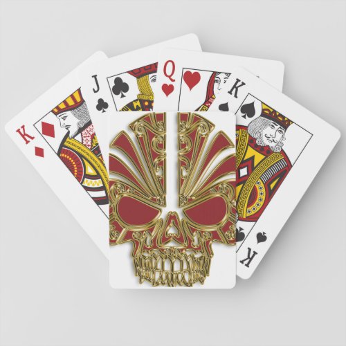 Red and gold sugar skull cranium playing cards