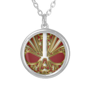 Red and gold sugar skull cranium silver plated necklace