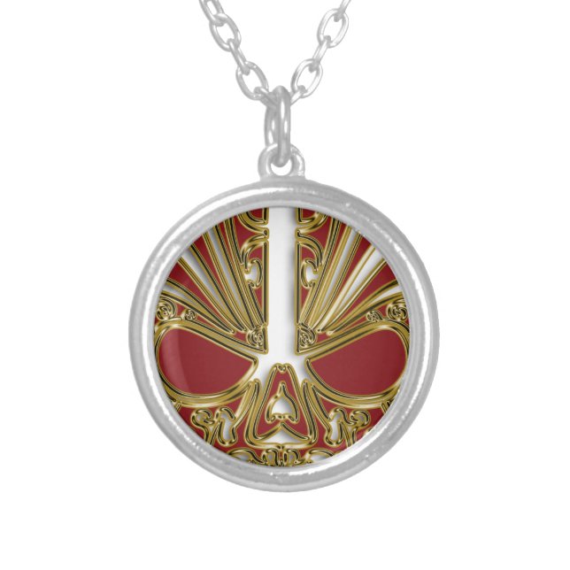 Red and gold sugar skull cranium silver plated necklace (Front)