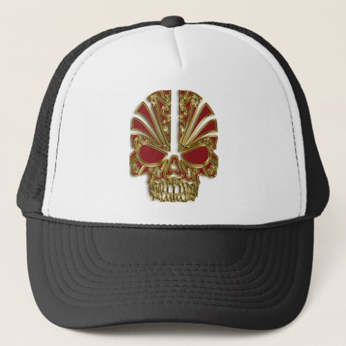 Red and gold sugar skull cranium trucker hat