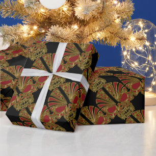 Red and gold sugar skull cranium wrapping paper