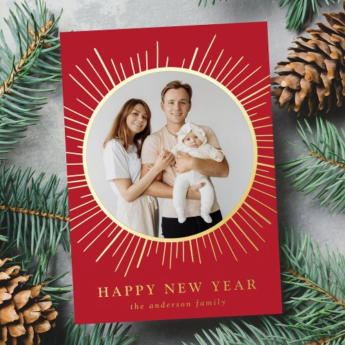 Red and Gold Sunburst Happy New Year Photo Foil Holiday Card