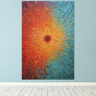 Red and Gold Sunburst with Blue Tones Abstract  Canvas Print