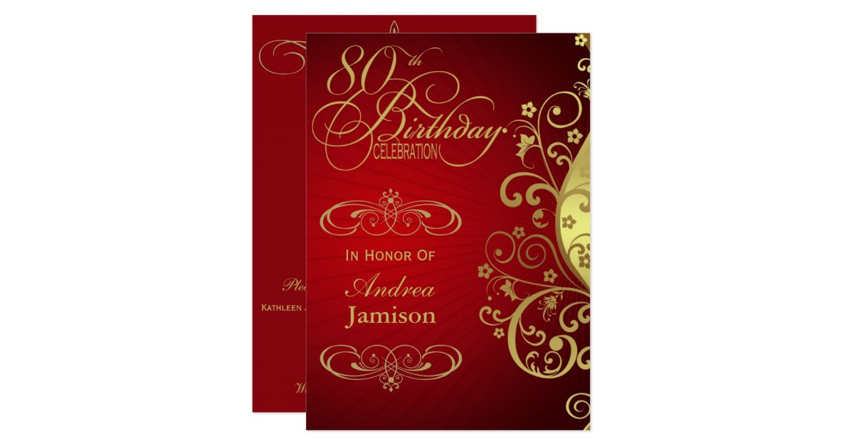Red And Gold Swirl 80th Birthday Party Invitation Zazzle