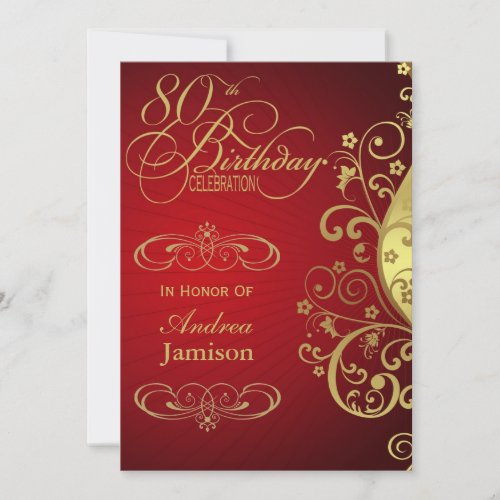 Red and Gold Swirl 80th Birthday Party Invitation