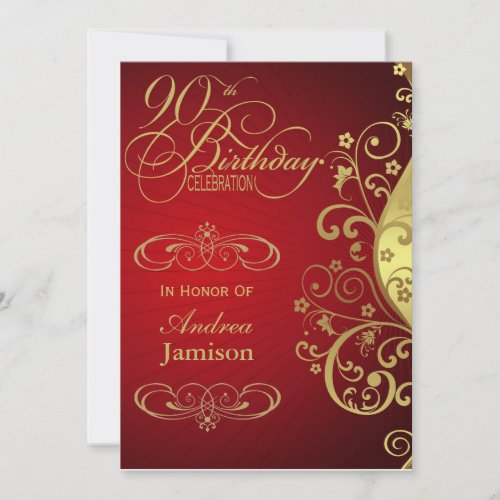 Red and Gold Swirl 90th Birthday Party Invitation