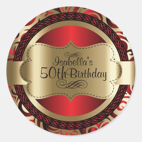 Red and Gold Swirl Abstract 00th Birthday Classic Round Sticker