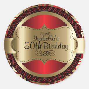 Red and Gold Swirl Abstract Birthday Classic Round Sticker