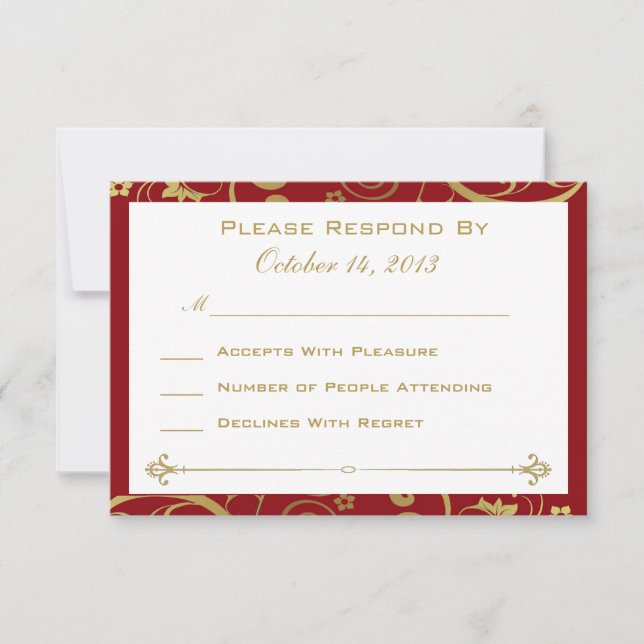 Red and Gold Swirl RSVP Card (Front)