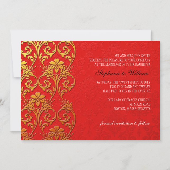 Red and Gold Swirl Wedding Invitation (Front)